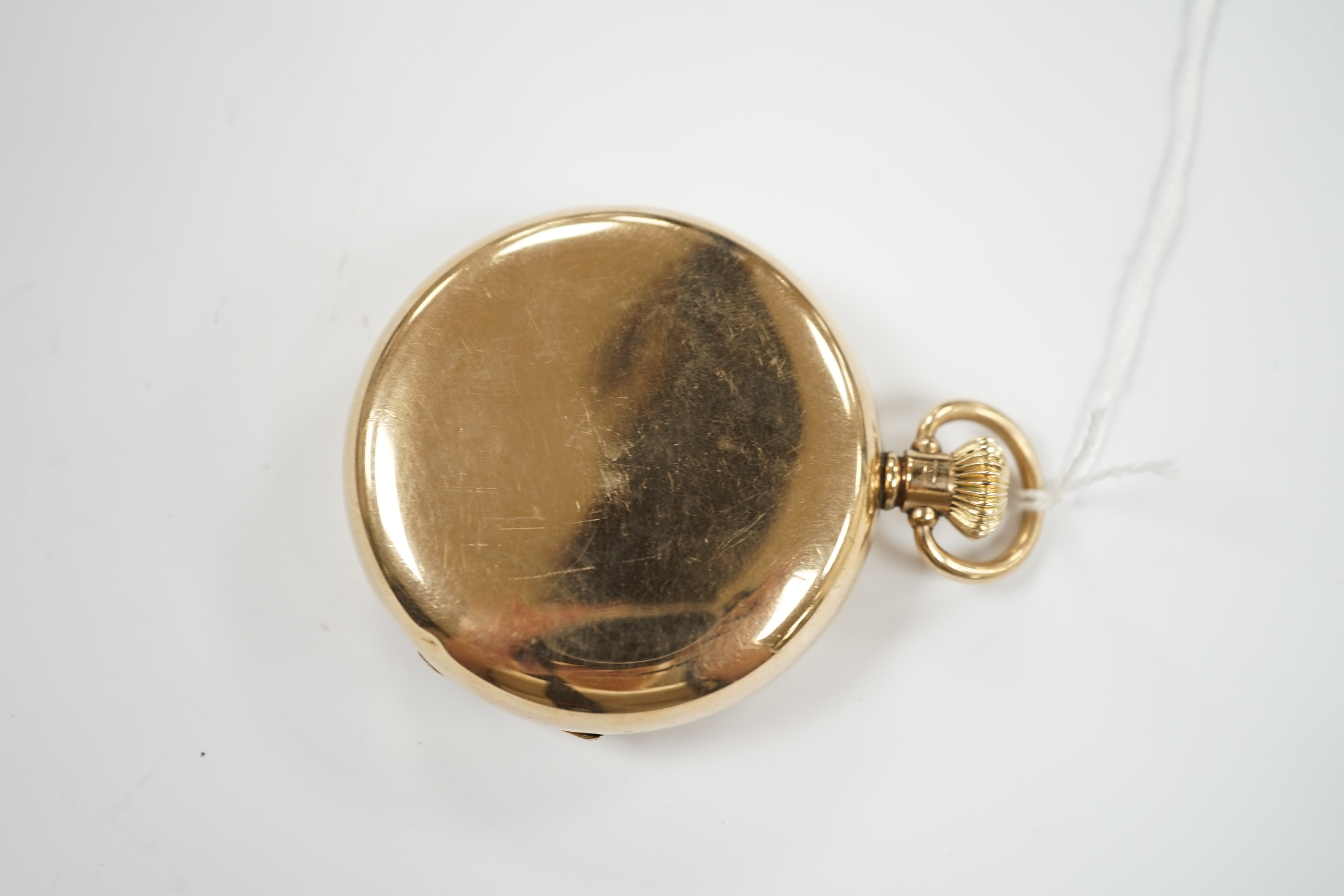 An early 20th century Waltham 9ct gold open face keyless pocket watch, with Roman dial and subsidiary seconds, case diameter 50mm, gross weight 97.6 grams.